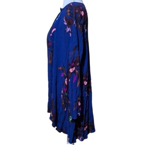 Free People Dress Women XS Tree Swing Blue Tunic Floral Keyhole Boho Long Sleeve - Picture 4 of 9